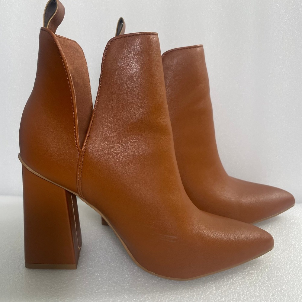 Bamboo Setting-01 Womens Cognac Brown Pointed Toe Block Heel Ankle Boots 5.5 - Picture 1 of 10